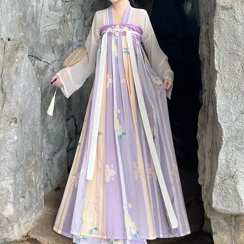 Conjunto de vestido Hanfu de la dinastía Tang para mujer, traje de escenario de princesa con estampado Floral Retro de estilo chino, bata larga elegante tradicional