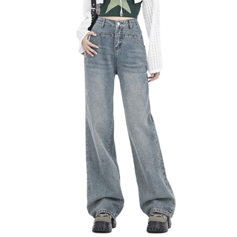Straight Jeans Damen Herbst neue lose hohe Taille weites Bein Design Sinn Nische Split Mop Hose