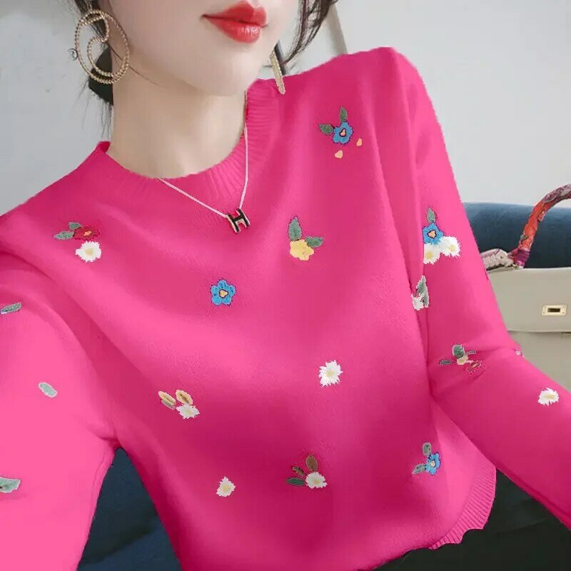 女性のための刺繍されたクルーネックセーター,ファッショナブルなトップ,エレガントな下着,春と秋