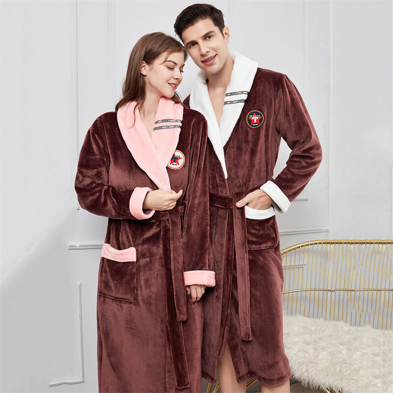 Thickened Long Flannel Couple Robe Large Size Sleepwear Winter Coral Fleece Nightwear Kimono Bathrobe Loose Home Wear Loungewear