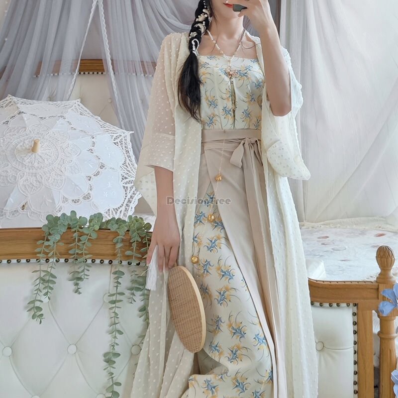 2024 chinese improved hanfu female song dynasty long spiral printed skirt yarn loose coat daily summer style 3 piece hanfu w385