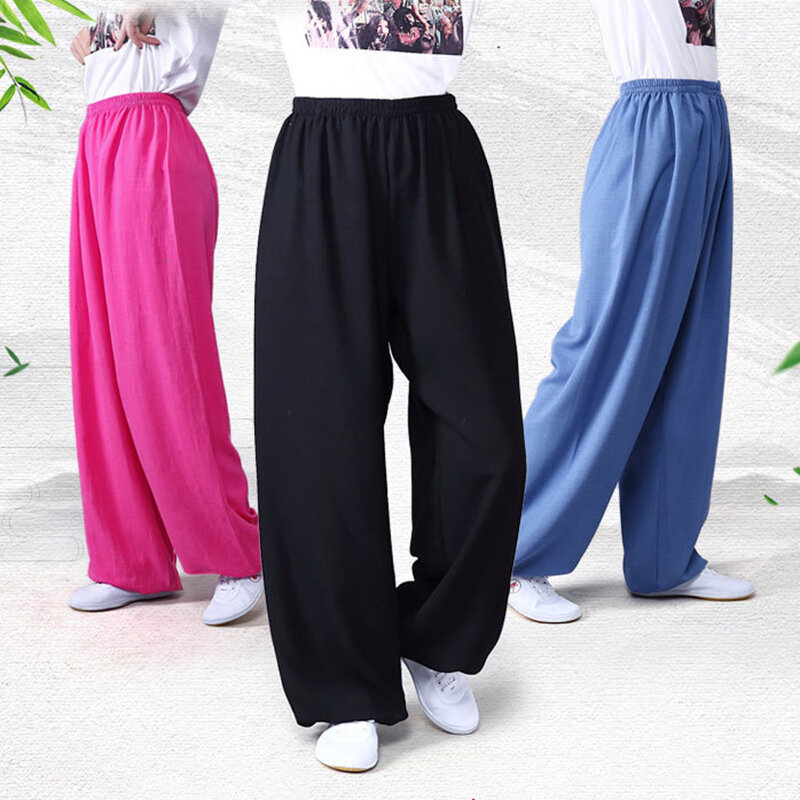 Ropa de Kung Fu Unisex para adultos, pantalones de Tai Chi Wushu de lino, pantalones elásticos de talla grande para artes marciales, pantalones de Yoga para mujer, ropa de ejercicio matutino