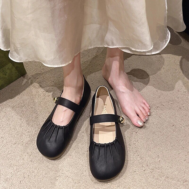 Sepatu datar wanita, Kasut sekolah tunggal balet polos Retro kasual nyaman dangkal sepatu balet