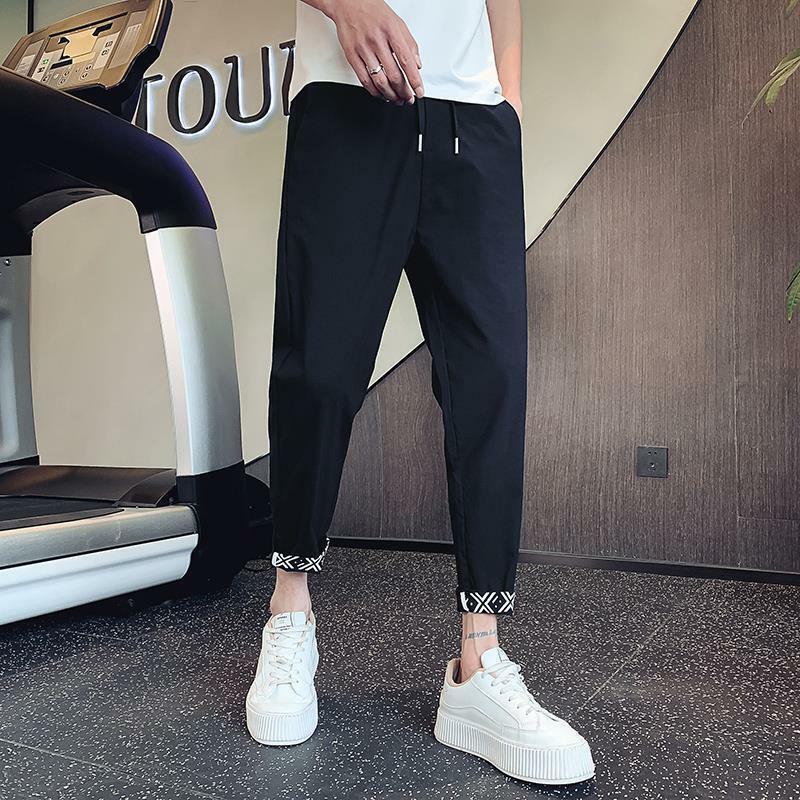 Summer New Men's Trousers Solid Color Mid Waist Elastic Pockets Drawstring Casual Loose Young Style Handsome Straight Pants