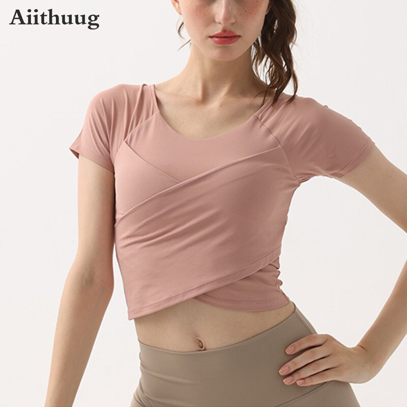 Aiithuug-In-Cup tops de ioga respirável para mulheres, manga curta bainha cruzada, camisas esportivas de compressão, ginásio Pilates Sportwear, bulid-in Cup
