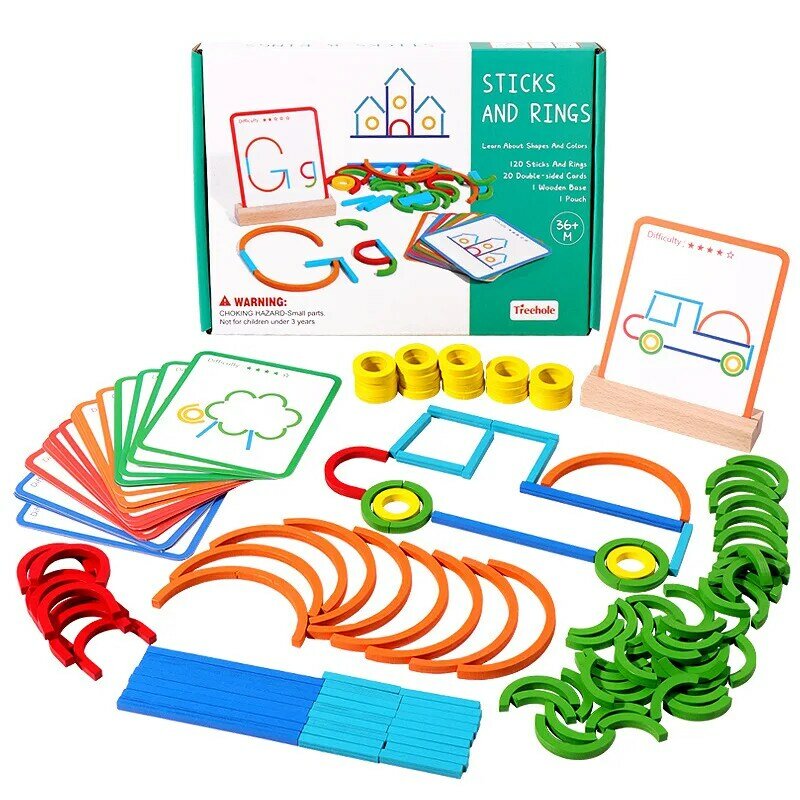Palos y anillos creativos de madera, juego de inteligencia Montessori, juguetes educativos para la primera infancia para niños de 3 años
