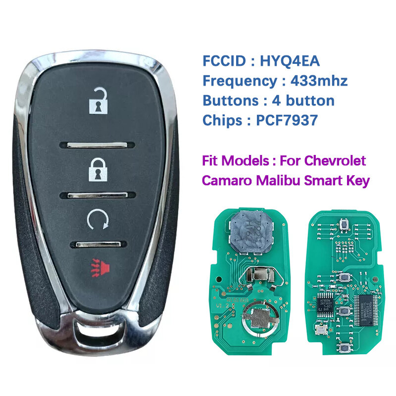 Télécommande intelligente à 4 boutons, entrée sans clé, 433MHz, avec Logo, Chevrolet Camaro Malibu (modèle HYQ4EA 13508871), CN014050