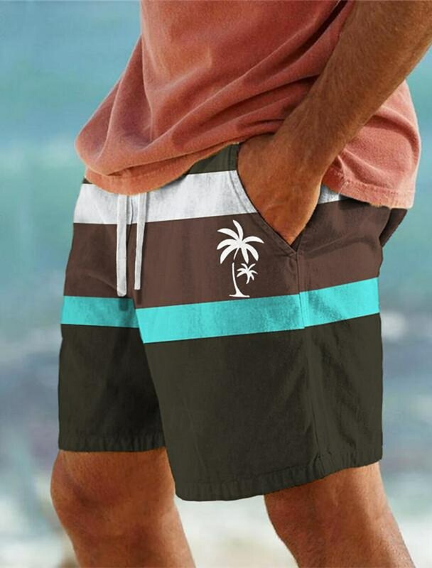 Мужские пляжные шорты, пляжные плавки в полоску, с 3D принтом пальмы, с эластичным поясом, кулиской, в гавайском стиле, Aloha, для отдыха