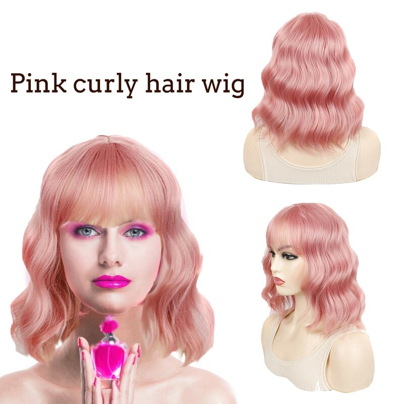 Wig untuk wanita dengan rambut pendek modis rambut keriting merah muda mengurangi usia gelombang simulasi penutup kepala sutra suhu tinggi
