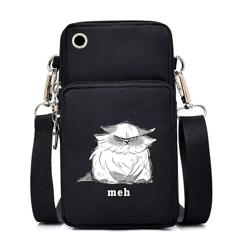 Bolso de hombro para teléfono móvil para mujer, Mini bolso de mensajero con estampado divertido de gato Meh, bolso cruzado pequeño, bolso Oxford Y2k