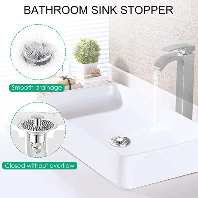 Bathroom Sink Stopper Anti Clog Pop Up Drain Stopper Vanity Vessel Sink with Strainer Basket Hair Catcher Launcher Spring Core