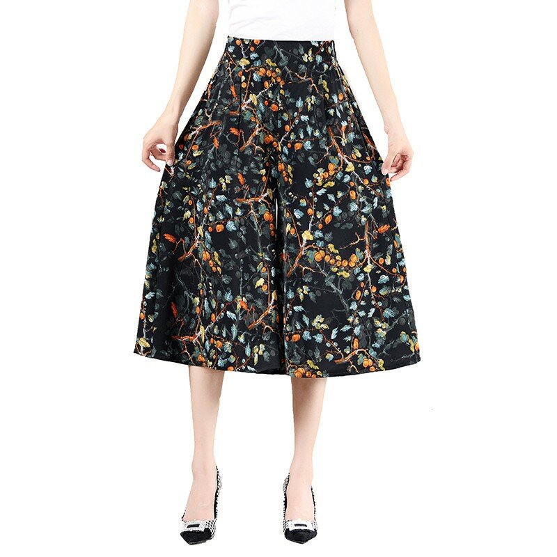 Celana crop kaki lebar kasual berlipat pakaian wanita musim panas tipis longgar pinggang tinggi elastis celana panjang cetak bunga antik