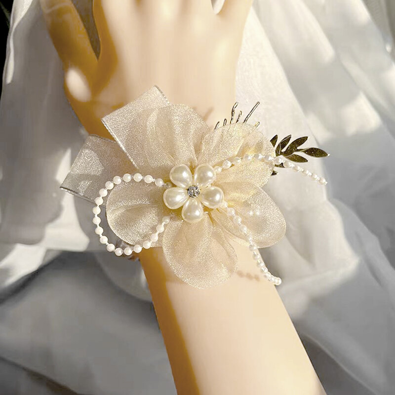 Kwiat na nadgarstek perłowy kryształ stanik druhna opaska na rękę z kwiatem ślub panny młodej ślubna bransoletki akcesoria biżuteria dla dziewcząt