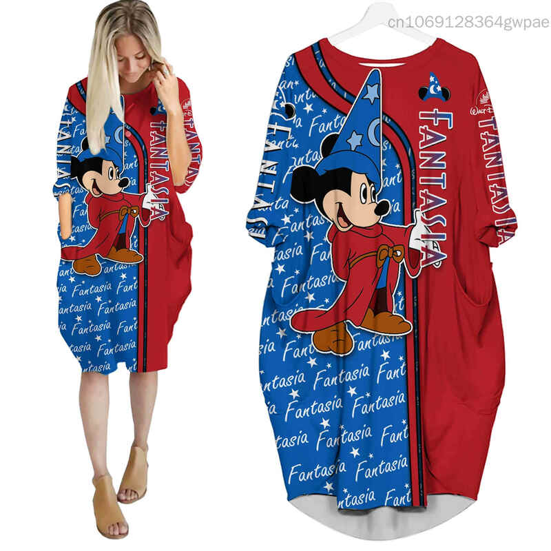 Mickey Minnie Mouse domowa sukienka z długim rękawem Disney modna uniwersalna luźny, w kształcie skrzydła nietoperza kieszeń na kolano damska sukienka imprezowa