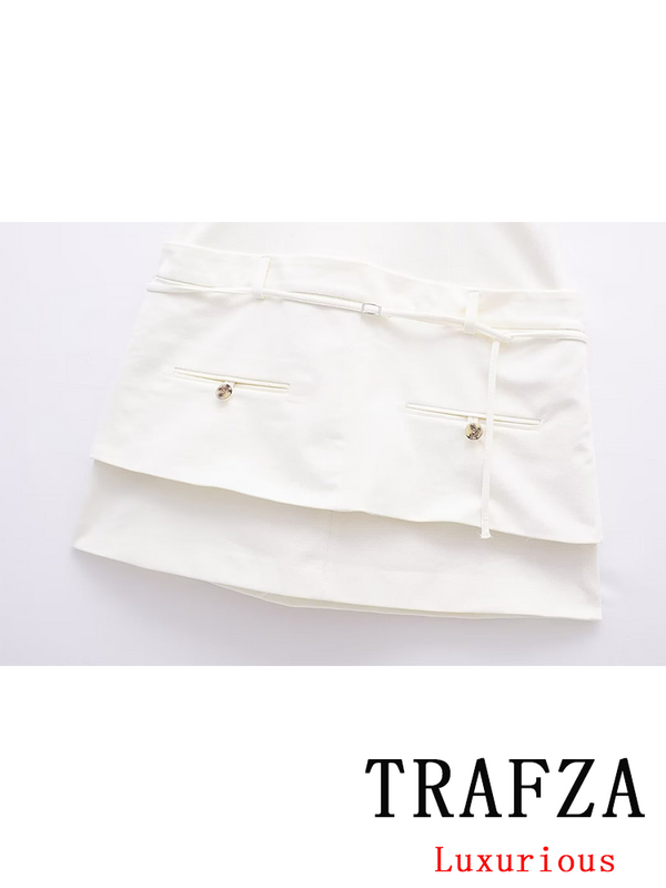 TRAFZA Sexy Chic Solid White Women Dress Square Collar Sashes Strap Short Vestidos New Fashion 2024 Summer Staight Mini Dress