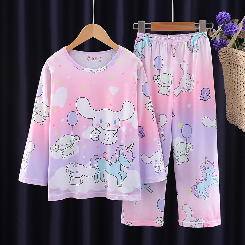 Милый детский Пижамный костюм Sanrio Cinnamoroll, пижама Hello Kitty, одежда для сна Kuromi Melody для девочек и мальчиков, весенний домашний костюм с длинным рукавом, подарки