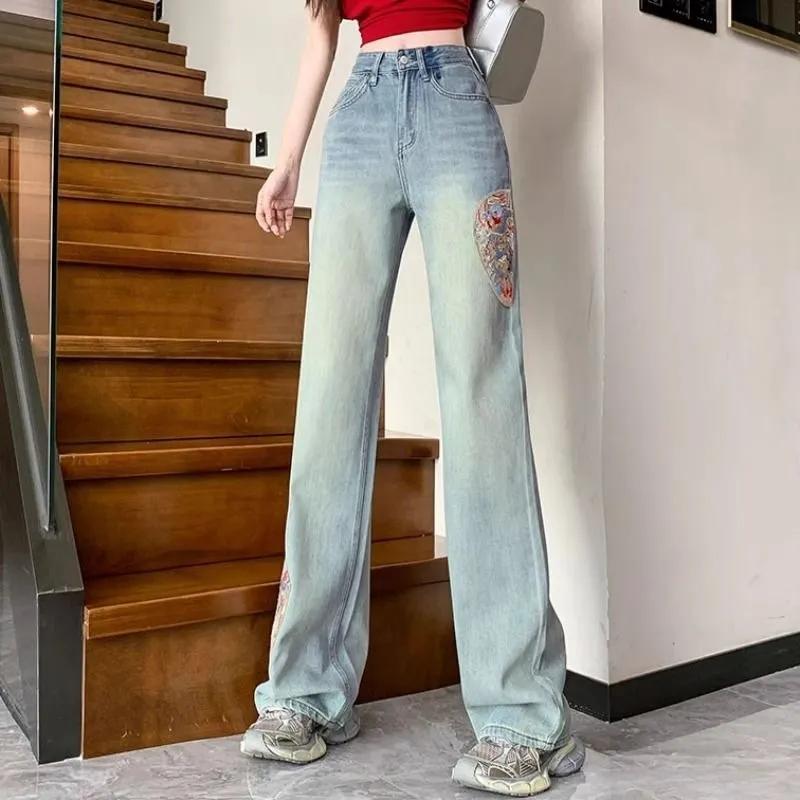 Женские джинсы с вышивкой и высокой талией, новые весенние свободные прямые брюки для женщин, синие джинсы с эффектом потертости 2024