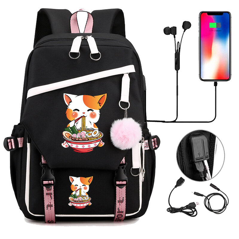 Anime Cartoon Mochila Escolar, Grande Capacidade, Lazer Schoolbag, USB Carregamento Bagpack, Gato Comer Ramen, Saco de computador, Bookbag