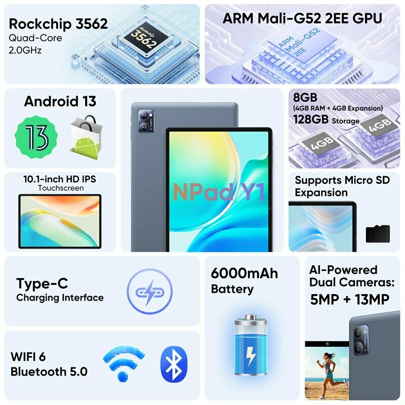 N-ONE-Npad Y Android 13, 8(4 + 4)GB, 128GB, 10,1 pulgadas, pantalla IPS de 1280x800, 4 núcleos, UNISOC, RK3562, WIFI