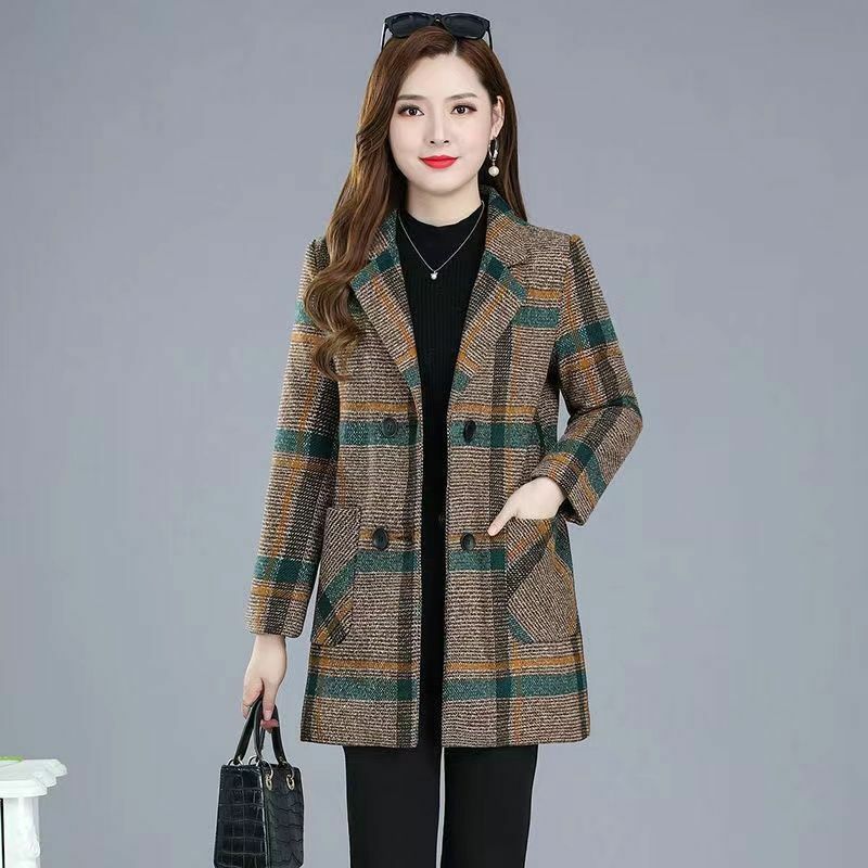 Jaket Blazer kotak-kotak Vintage wanita, pakaian lengan panjang bersaku gaya Korea Chic ramping pakaian luar Mujer musim gugur