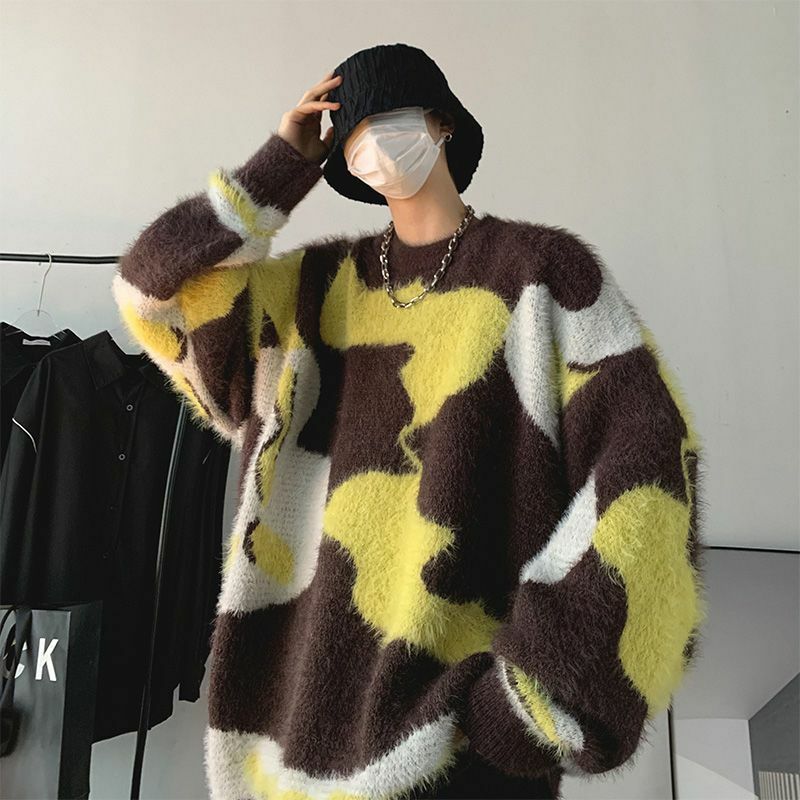 2023 Sweter Kontras Warna Baru untuk Pria dan Wanita Musim Gugur dan Musim Dingin Merek Fashion Malas Retro Jepang Baru Rajutan Leher Bulat C