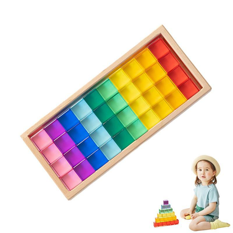 Cubes de construction arc-en-ciel Montessori pour enfants, blocs de pierres précieuses empilables, lien mathématique arc-en-ciel, boîte