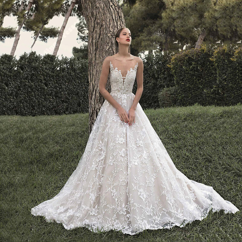 Gaun pernikahan leher V Bohemia untuk wanita, gaun pengantin renda Applique motif bunga, jubah putri pertunangan bola Tulle pengantin 2024
