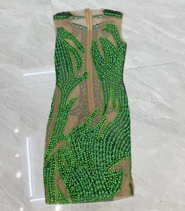 Vestido verde brillante sin mangas para mujer, traje Sexy transparente con diamantes de imitación para fiesta de cumpleaños, 2024