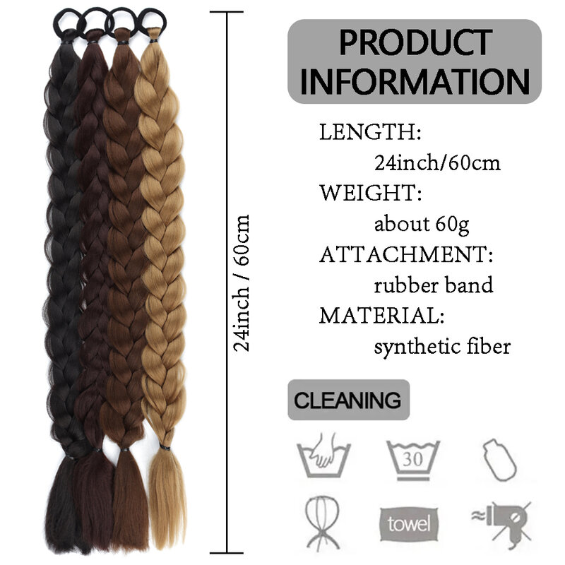 Ekstensi rambut sintetis kepang panjang, ekstensi rambut poni dengan tali karet 24 inci untuk penggunaan sehari-hari wanita
