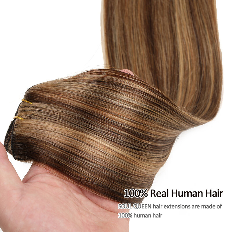 Clip in Hair Extensions Human Hair Balayage Double Weft Lace Clip in Human Hair Extensions Medium Brown Caramel Blonde 7Pcs/70G