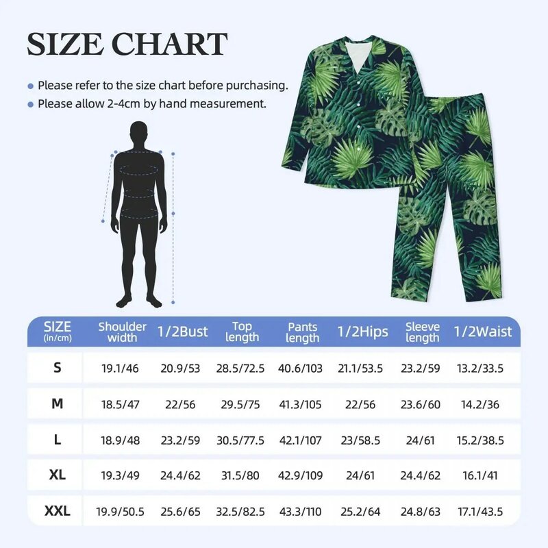 Conjunto de pijama estampado de folhas tropicais masculinas, terno doméstico, pijamas na selva tropical, mangas compridas, casual, romântico, grande, 2 peças