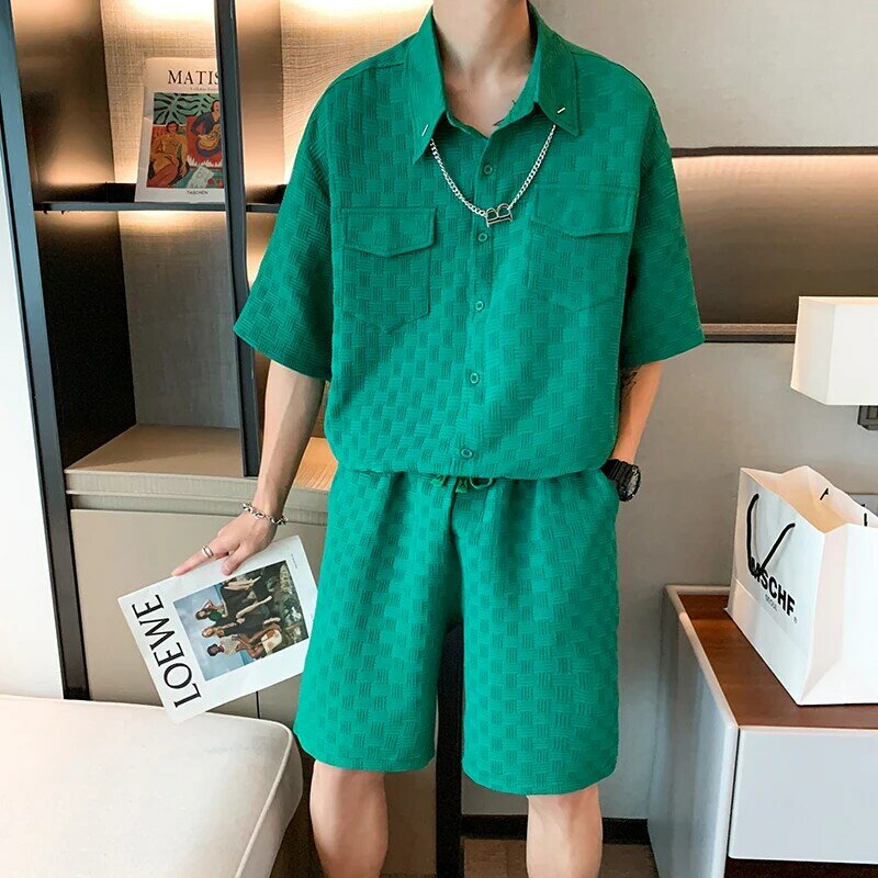 Verão dos homens xadrez shorts define coréia moda manga curta camisas + shorts bonito 2 peça conjunto dos homens mosaico casual chique roupas esportivas