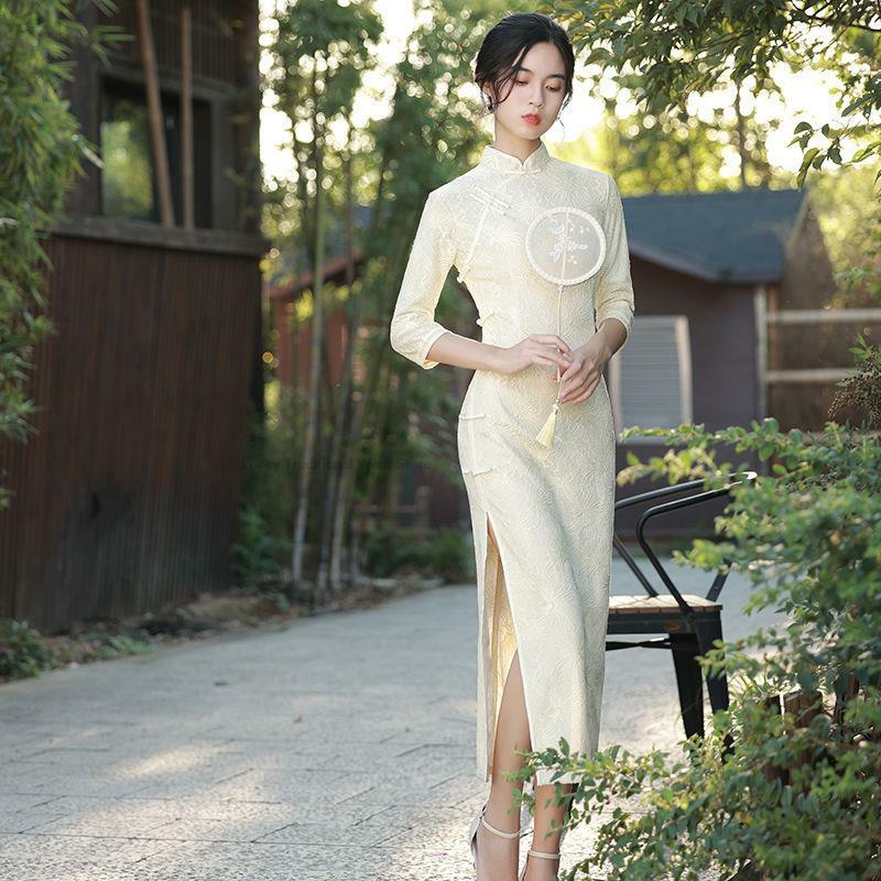 Robe fendue de style chinois pour femmes, Cheongsam, Costumes traditionnels, Qipao sexy, Élégant, Vintage, Champagne, Rian
