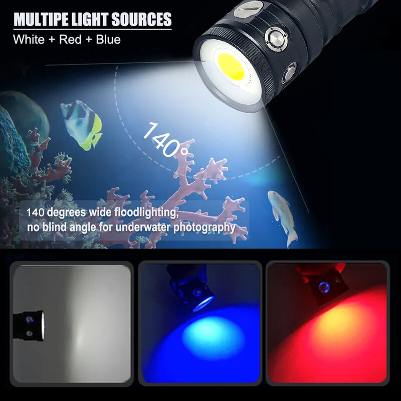 Linterna LED de buceo profesional, luz táctica COB de 18000 lúmenes, IPX8, impermeable, para cámara de vídeo, luz de relleno blanca, azul y roja