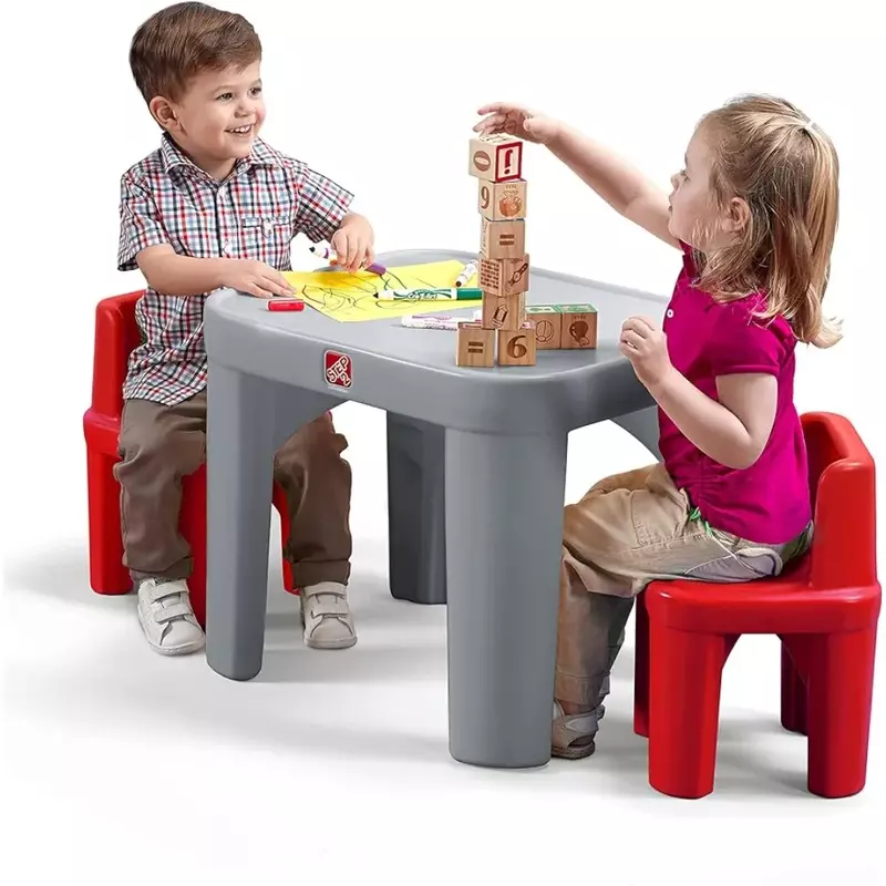 Conjunto de mesa e cadeira infantil, mobiliário para brinquedoteca, mesa para crianças, cinza e vermelha, tamanho