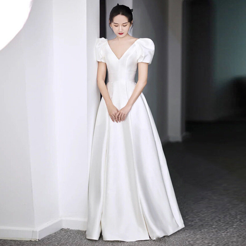 Gaun pernikahan Satin putih untuk pengantin elegan leher V panjang Prom pesta tamu malam gaun wanita musim panas 2023 vestidos Formal