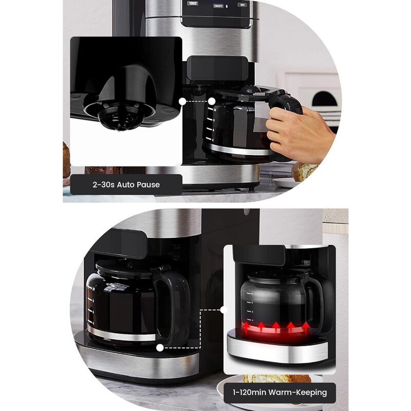 Máquina de café con jarra de 10 tazas, moler y preparar café programable, depósito de agua de 1,5 l, cafetera