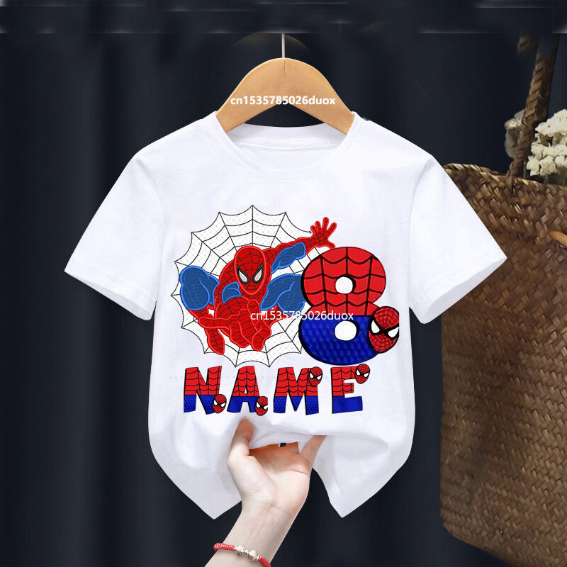 여름 스파이더맨 맞춤형 이름 생일 소년 반팔 흰색 티셔츠, 아이 2, 3, 4, 5, 6, 7, 8, 9 스파이더맨 생일 소녀 셔츠