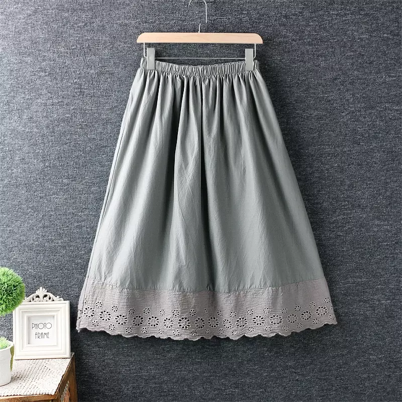 Spring Summer Japan Mori Girl Style Hollow Vintage Cotton Skirt Women Elastic Waist Solid Color Casual Loose Skirt