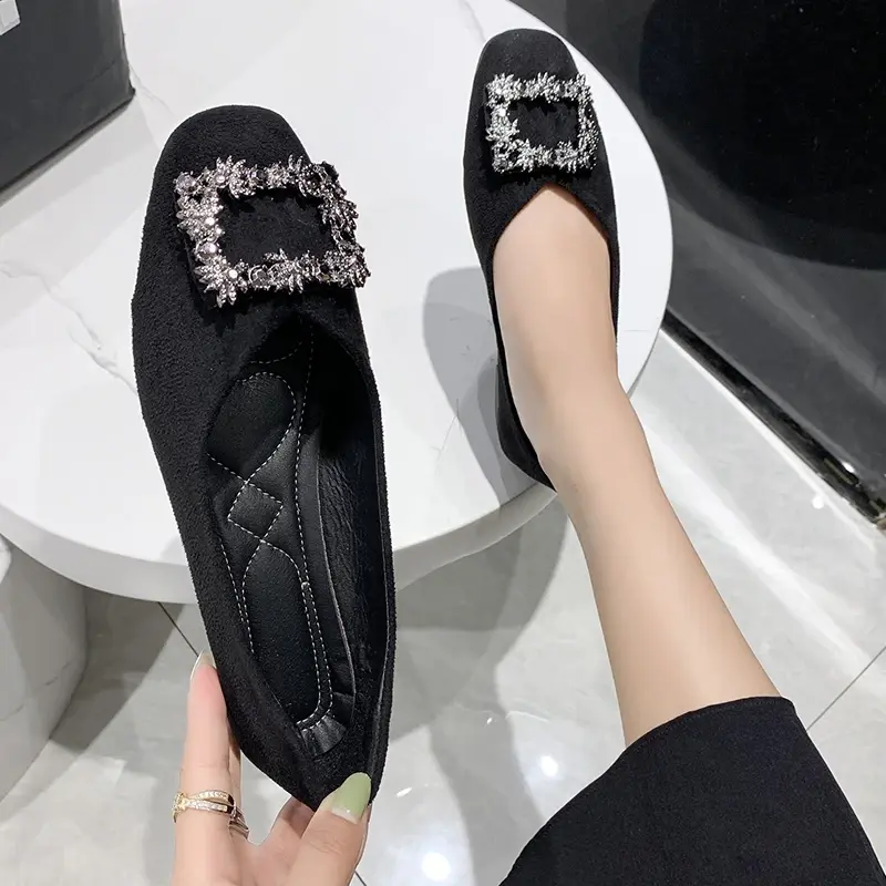 Spring New Women's Square Toe Flat Shoes 2024 Square Buckle Shallow Women's Slip on Casual Shoes Outdoor Ladies Walking Shoes