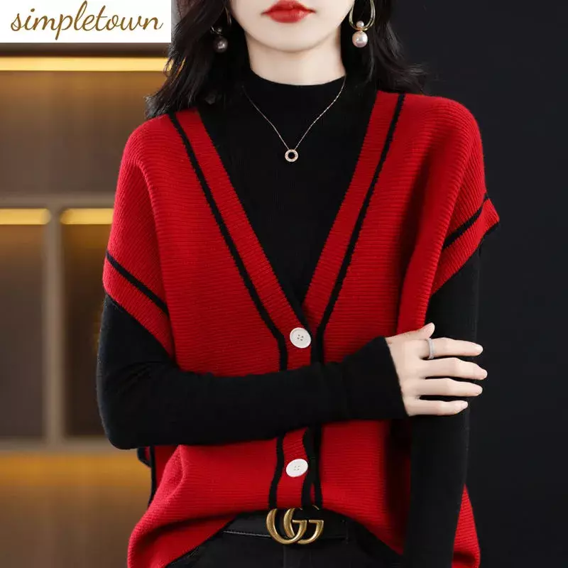 Spring and Autumn New V-Neck Contrast Knitted Cardigan Tank Top Women's Loose and Versatile Sleeveless Sweater Coat