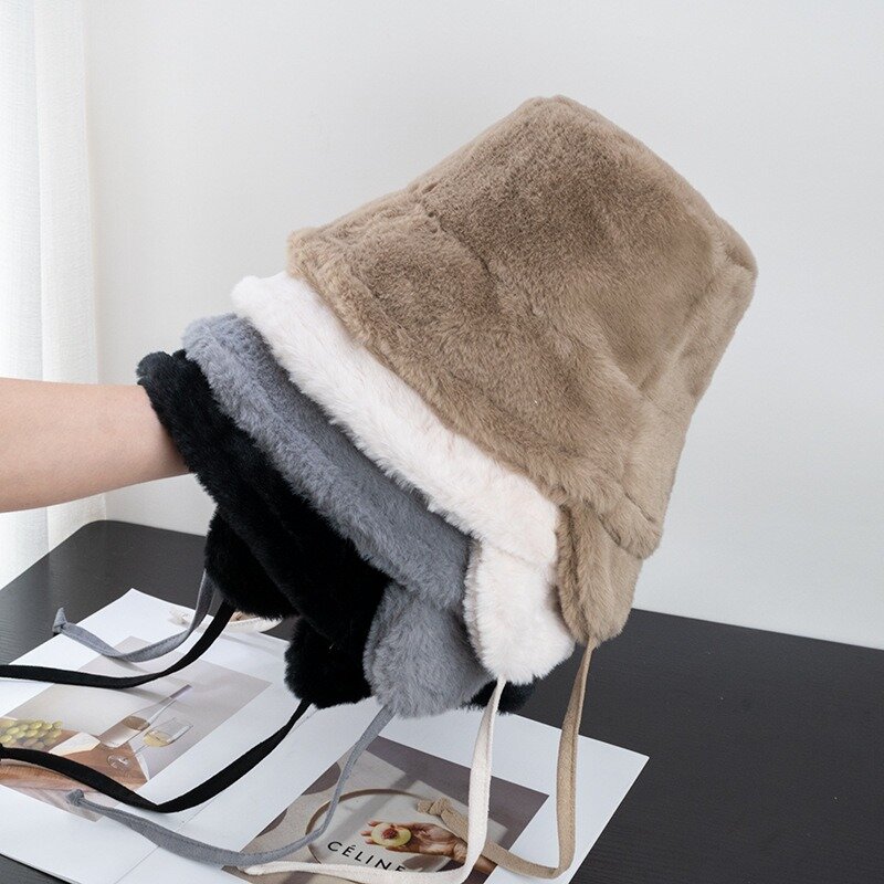 Koreański pluszowy kapelusz typu Bucket nowy ochrona słuchu Fishman kapelusze damskie jesienno-zimowe podróże wszechstronne ciepłe Retro pluszowe czapki Ins Y2k