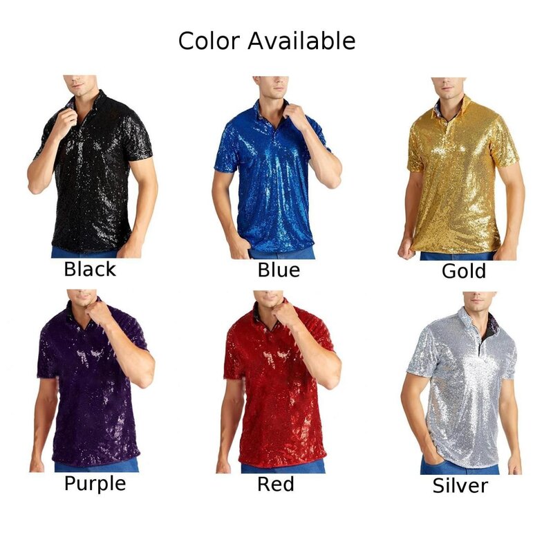 Camiseta cómoda de manga corta con solapa y lentejuelas brillantes, camisa informal de Color sólido para fiesta y escenario de verano