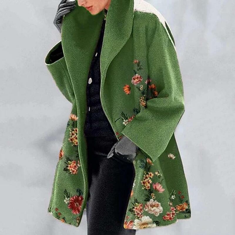 Women Jacket Elegant Flower Print Women's Winter Overcoat Plus Size Thick Warm Loose Fit with Mid Length Turn-down Collar Cold
