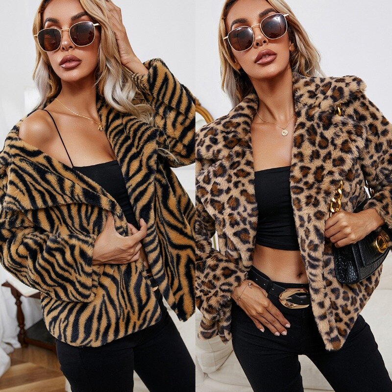 Women's Leopard Coat Print Zebra Print Faux Fur Lapel Collar Plush Loose Fitting Autumn Winter Warm Clothing
