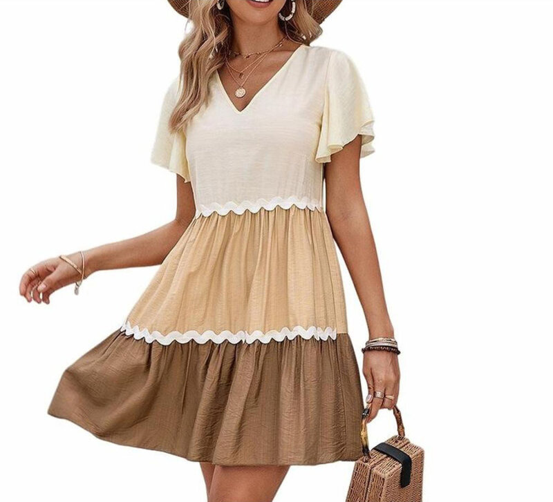Womens Summer V Neck Dress Casual Ruffle Sleeve Fashion Bohemian Smocked A Line Swing Mini Dress Female Clothing