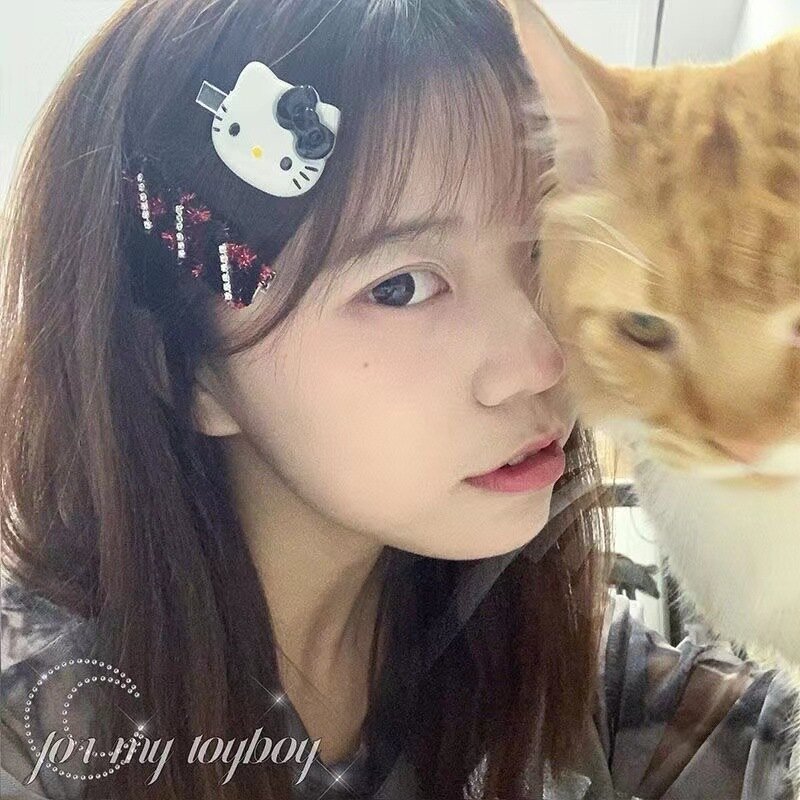 Kawaii Sanrio Vintage Black Hello Kt Cat Hairpin Cartoon Anime Kitty Cat Sweet Cool Girl Hairclip Diamond Clip Side Hairpin