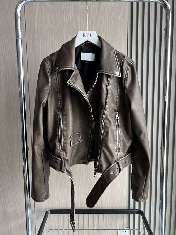 Chaqueta de motociclista de piel sintética para mujer, abrigo vintage de cuero pu con cremallera, estilo manitas, 2024