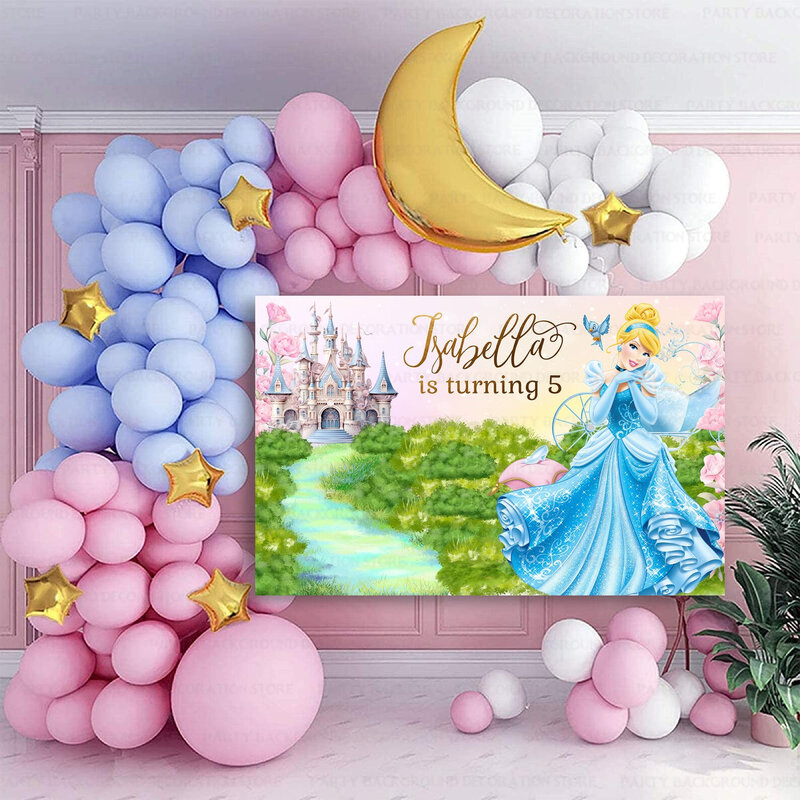 فستان الأميرة سندريلا ديزني للفتيات ، خلفية زرقاء حالمة ، ديكور حفلة عيد ميلاد ، لافتة خلفية مخصصة ، صور استحمام للأطفال