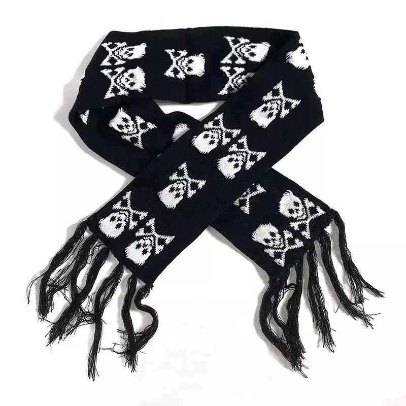 Gothic Skull Scarf Winter Knitted Pashmina Shawl Black Acrylic Echarpe Harajuku Skeleton Wrap with Fringes for Women Men